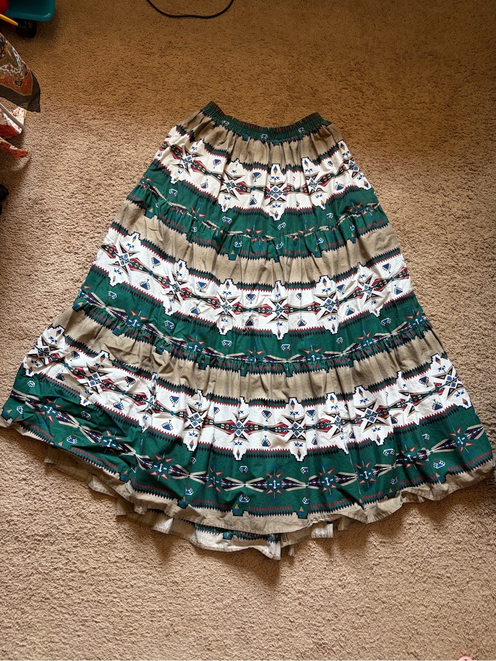 Vintage Tiered Boho Western Maxi Skirt in Green and Cream